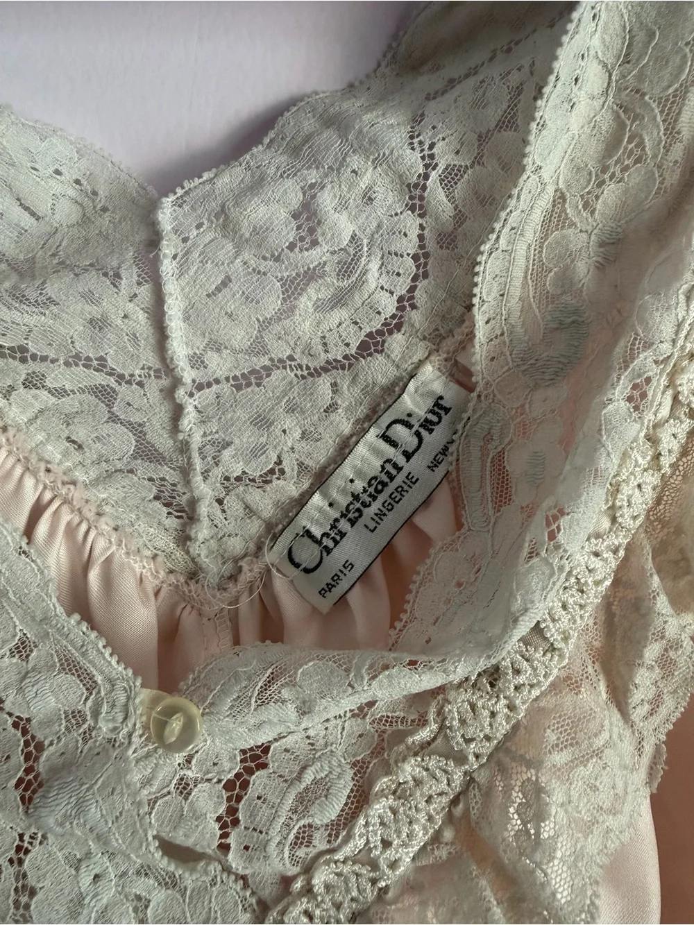 Christian Dior Vintage Pastel Peach Pink Lace Trim Ivory Sleep Chemise Nightgown